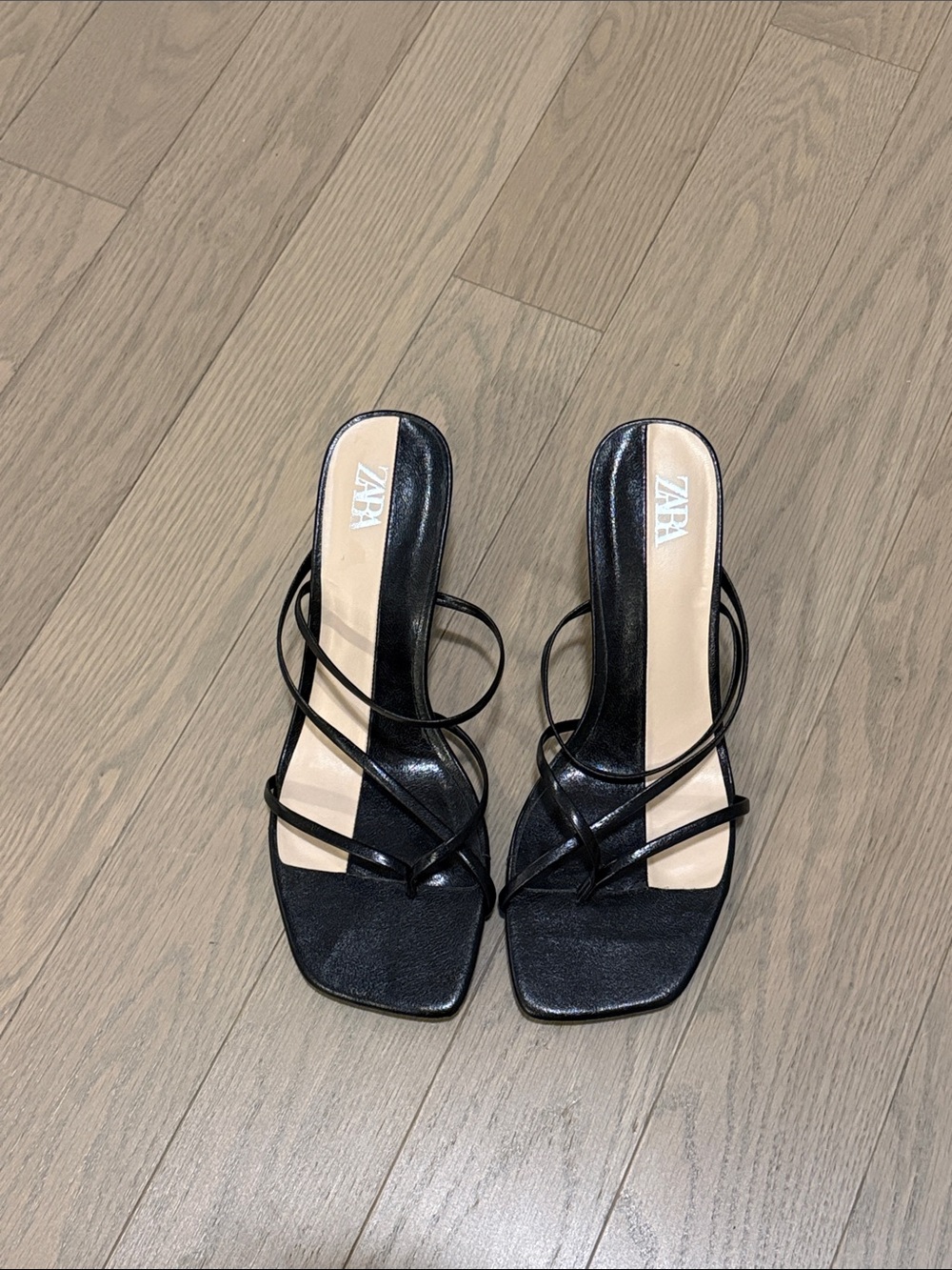 Zara Black Strappy Square-Toe Slide Mules